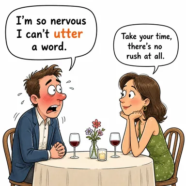 utter (söylemek, ifade etmek, ağzından kaçırmak) karikatürü — diyalogla bağlam içinde öğren