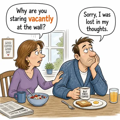 vacantly (boş boş, anlamsızca) karikatürü — diyalogla bağlam içinde öğren