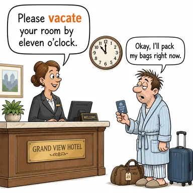 vacate (boşaltmak, tahliye etmek) karikatürü — diyalogla bağlam içinde öğren