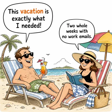 vacation (tatil, izin) karikatürü — diyalogla bağlam içinde öğren
