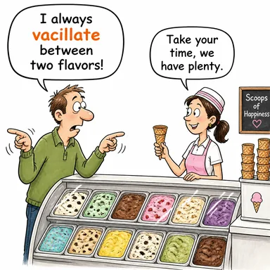 vacillate (bocalamak, kararsız kalmak, sallanmak) karikatürü — diyalogla bağlam içinde öğren