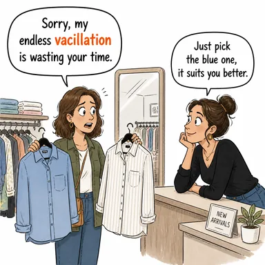 vacillation (kararsızlık, bocalama, tereddüt) karikatürü — diyalogla bağlam içinde öğren