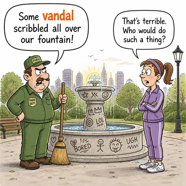 vandal (vandal, kamu malına zarar veren kimse) karikatürü — diyalogla bağlam içinde öğren