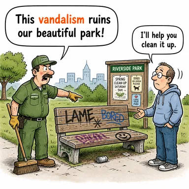 vandalism (vandallık, kamu malına zarar verme) karikatürü — diyalogla bağlam içinde öğren