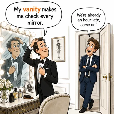 vanity (kibir, beyhudelik, gösteriş) karikatürü — diyalogla bağlam içinde öğren