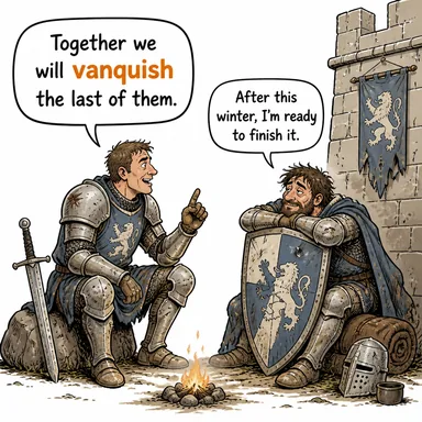 vanquish (mağlup etmek, yenmek, hakkından gelmek) karikatürü — diyalogla bağlam içinde öğren