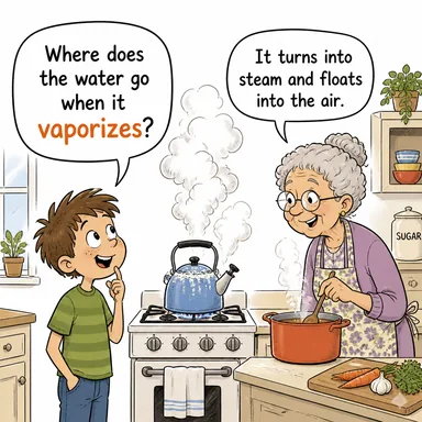 vaporize (buharlaşmak, buharlaştırmak) karikatürü — diyalogla bağlam içinde öğren