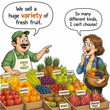 variety (çeşitlilik, tür, çeşit) karikatürü — diyalogla bağlam içinde öğren