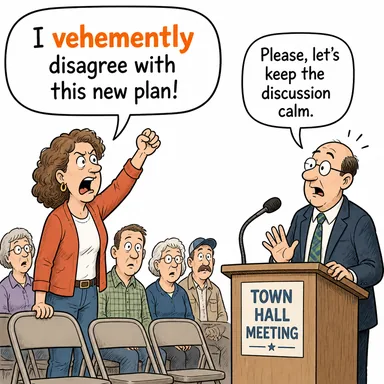 vehemently (şiddetle, hiddetle, hararetle) karikatürü — diyalogla bağlam içinde öğren