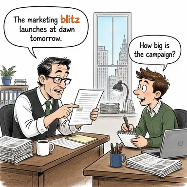 blitz (ani ve yoğun saldırı, yıldırım harbi) karikatürü — diyalogla bağlam içinde öğren