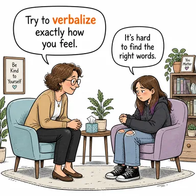verbalize (dile getirmek, sözle ifade etmek) karikatürü — diyalogla bağlam içinde öğren