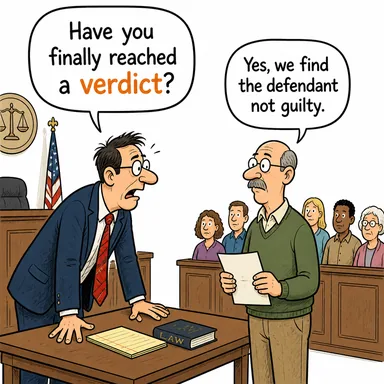 verdict (hüküm, karar, jüri kararı) karikatürü — diyalogla bağlam içinde öğren