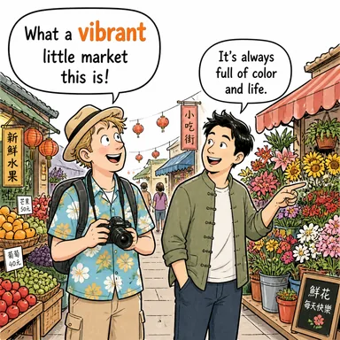 vibrant (canlı, hareketli, enerjik) karikatürü — diyalogla bağlam içinde öğren