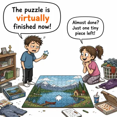 virtually (hemen hemen, neredeyse, sanal olarak) karikatürü — diyalogla bağlam içinde öğren