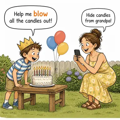 blow (esmek, üflemek; (isim) darbe, şok) karikatürü — diyalogla bağlam içinde öğren
