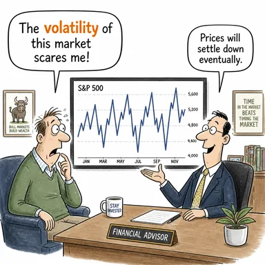 volatility (değişkenlik, istikrarsızlık, uçuculuk) karikatürü — diyalogla bağlam içinde öğren