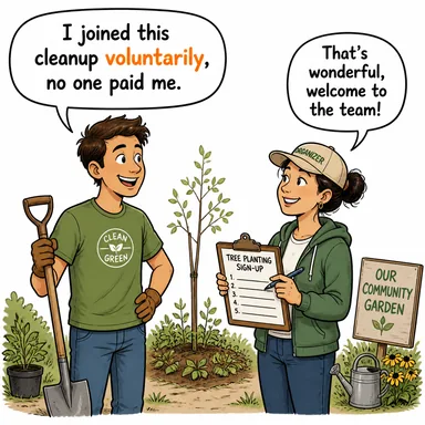 voluntarily (gönüllü olarak, kendi isteğiyle) karikatürü — diyalogla bağlam içinde öğren