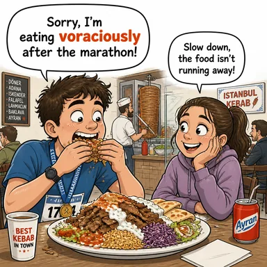 voraciously (oburca, doyumsuzca) karikatürü — diyalogla bağlam içinde öğren