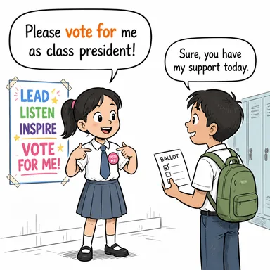 vote for (oy vermek, seçmek) karikatürü — diyalogla bağlam içinde öğren