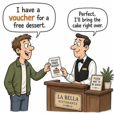 voucher (fiş, kupon, harcama belgesi) karikatürü — diyalogla bağlam içinde öğren