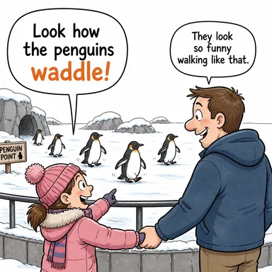 waddle (paytak paytak yürümek) karikatürü — diyalogla bağlam içinde öğren