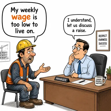 wage (ücret, maaş (genelde saatlik/haftalık)) karikatürü — diyalogla bağlam içinde öğren