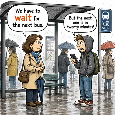 wait (beklemek) karikatürü — diyalogla bağlam içinde öğren