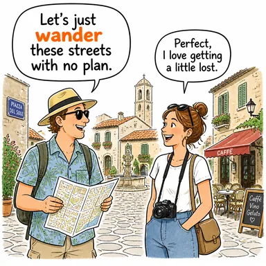 wander (aylak aylak dolaşmak, gezinmek) karikatürü — diyalogla bağlam içinde öğren
