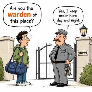 warden (müdür (hapishane/yurt), bekçi, koruyucu) karikatürü — diyalogla bağlam içinde öğren
