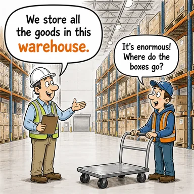 warehouse (depo, ambar) karikatürü — diyalogla bağlam içinde öğren