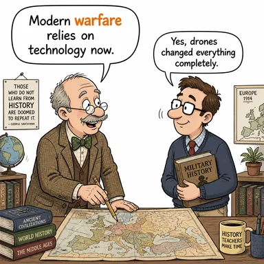 warfare (savaş, harp (yöntemi/türü)) karikatürü — diyalogla bağlam içinde öğren