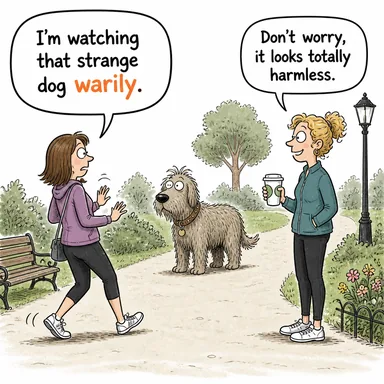 warily (temkinli bir şekilde, ihtiyatla) karikatürü — diyalogla bağlam içinde öğren
