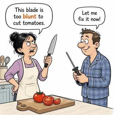blunt (kör (keskin olmayan); dobra, açık sözlü) karikatürü — diyalogla bağlam içinde öğren
