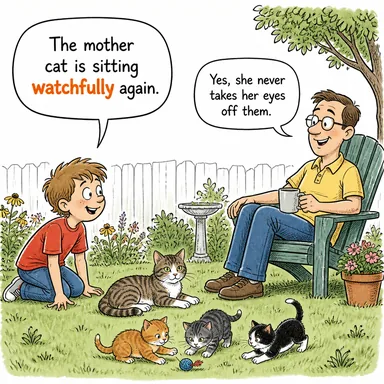 watchfully (dikkatle, tetikte durarak) karikatürü — diyalogla bağlam içinde öğren