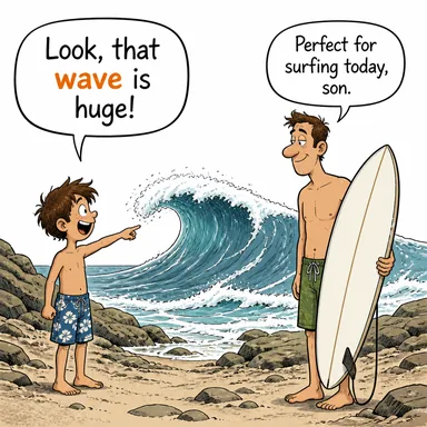 wave (dalga) karikatürü — diyalogla bağlam içinde öğren