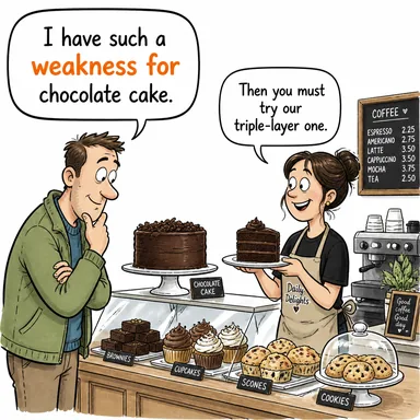 weakness for (-e karşı zaafı olmak, dayanamamak) karikatürü — diyalogla bağlam içinde öğren