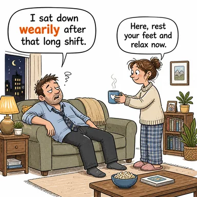 wearily (yorgun bir halde, bıkkınlıkla) karikatürü — diyalogla bağlam içinde öğren