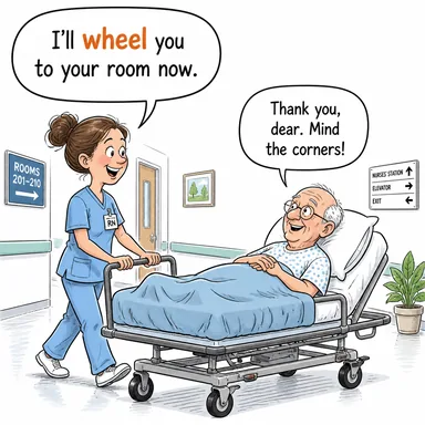 wheel (çevirmek, döndürmek, (sedyeyle/tekerlekli sandalyeyle) götürmek) karikatürü — diyalogla bağlam içinde öğren