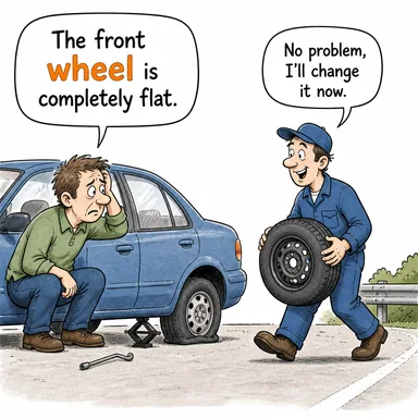 wheel (tekerlek, çark, direksiyon) karikatürü — diyalogla bağlam içinde öğren