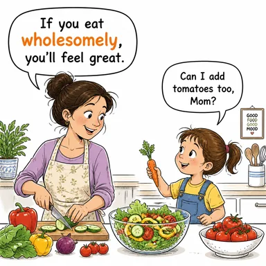 wholesomely (sağlıklı bir şekilde, yararlı olarak) karikatürü — diyalogla bağlam içinde öğren