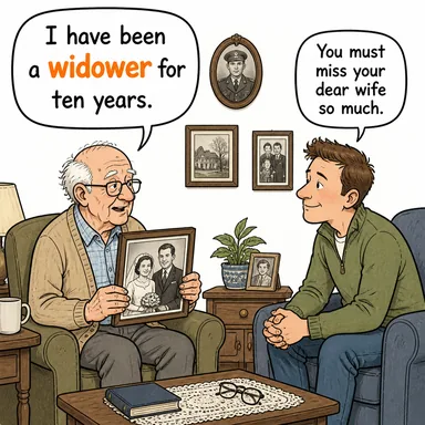 widower (dul erkek) karikatürü — diyalogla bağlam içinde öğren