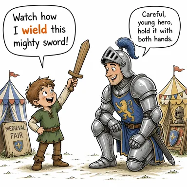 wield (kullanmak (güç/silah), elinde tutmak (yetki)) karikatürü — diyalogla bağlam içinde öğren