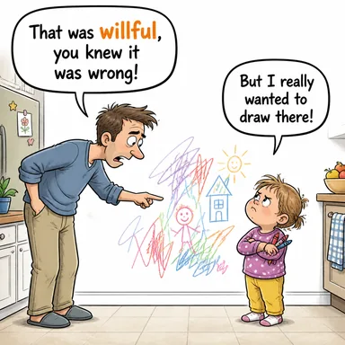 willful (kasıtlı, inatçı, bile bile yapılan) karikatürü — diyalogla bağlam içinde öğren