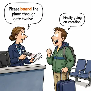 board ((taşıta) binmek; kurul, heyet) karikatürü — diyalogla bağlam içinde öğren