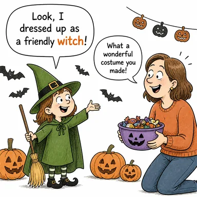 witch (cadı) karikatürü — diyalogla bağlam içinde öğren