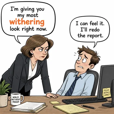withering (solduran, (bakış/eleştiri için) kahredici, aşağılayıcı) karikatürü — diyalogla bağlam içinde öğren