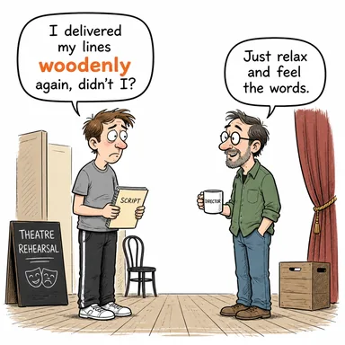 woodenly (cansız bir şekilde, ruhsuzca) karikatürü — diyalogla bağlam içinde öğren