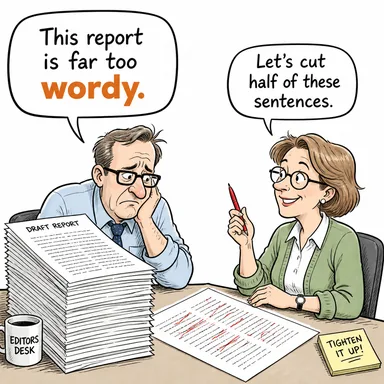 wordy (sözü uzatan, çok kelime kullanan, laf kalabalığı yapan) karikatürü — diyalogla bağlam içinde öğren