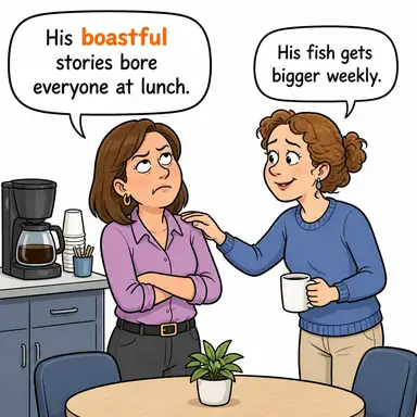 boastful (övüngen, kendini beğenmiş) karikatürü — diyalogla bağlam içinde öğren