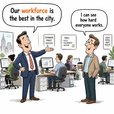 workforce (iş gücü, çalışanlar) karikatürü — diyalogla bağlam içinde öğren